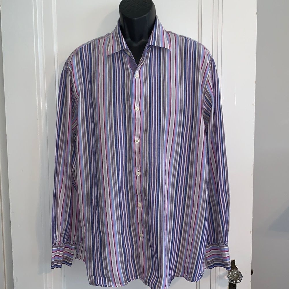 Tallia linen/cotton vertical pastel striped shirt